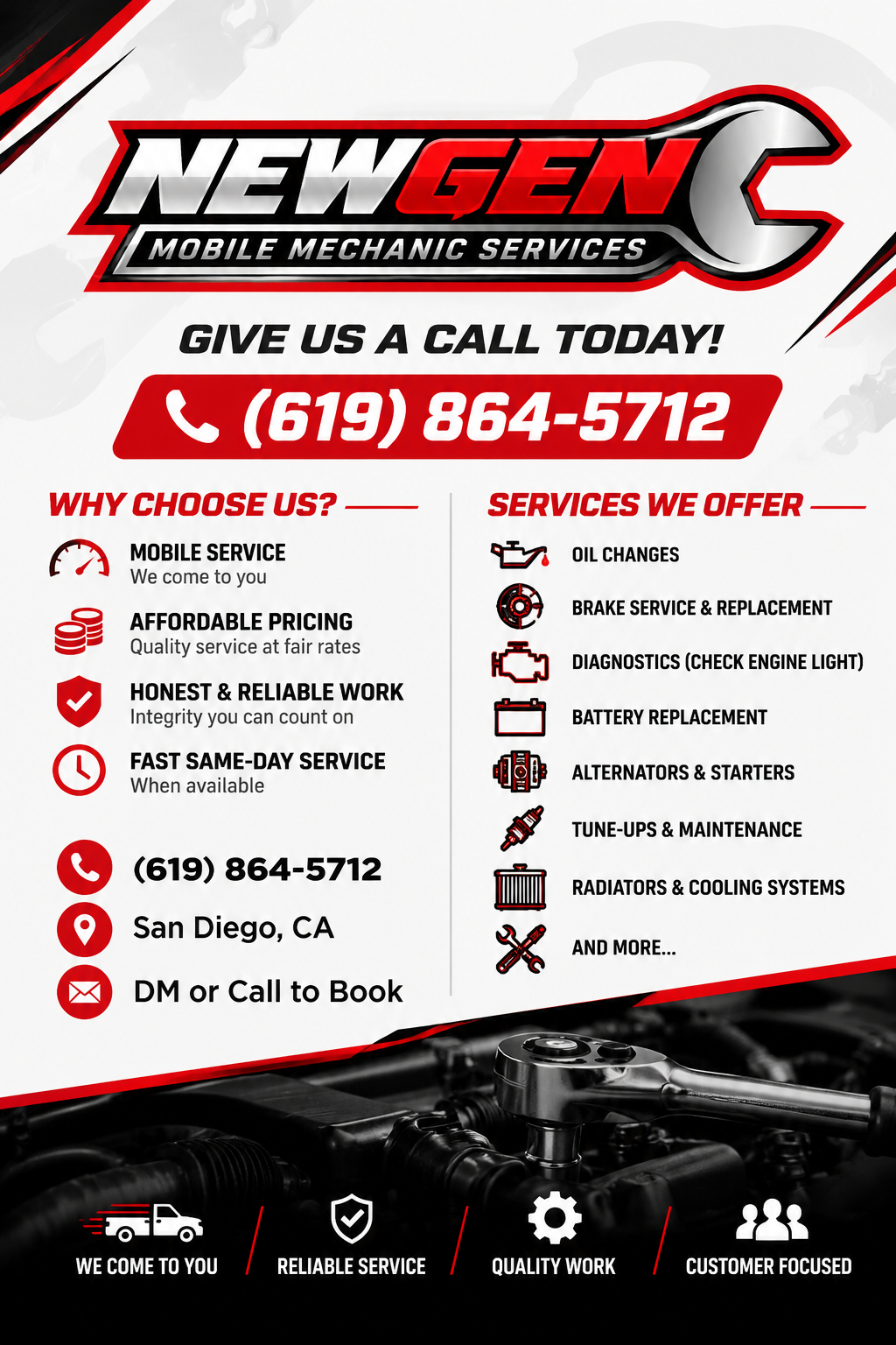NewGen Mobile Mechanic Services flyer: call (619) 864-5712. Services include oil changes, brakes, diagnostics, batteries, alternators and starters, tune-ups, and cooling systems in San Diego, CA.